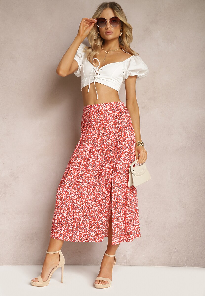 Czerwona Wiskozowa Spódnica Midi z Rozcięciem na Boku Missane