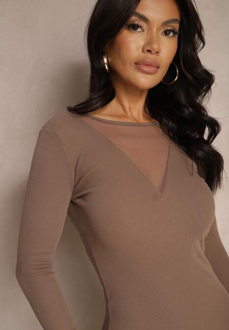 Brązowa Sukienka z Bawełną o Dopasowanym Kroju z Przezroczystym Dekoltem Ivelirra