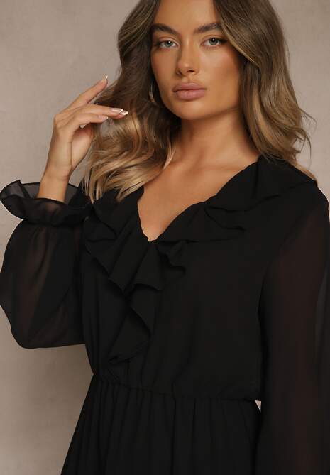Czarna Rozkloszowana Sukienka VICES z Falbanami i Transparentnymi Rękawami Aruvite