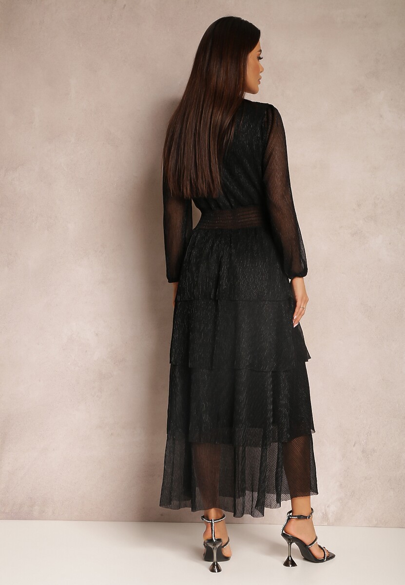 Czarna Sukienka Błyszcząca z Falbanami i Transparentnym Rękawem Halose