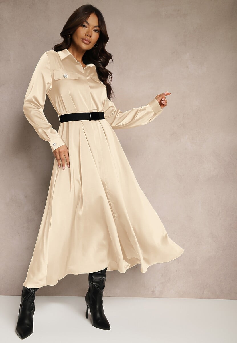 Beżowa Satynowa Sukienka w Stylu Szmizjerki z Imitacjami Kieszeni i Paskiem Vaminay