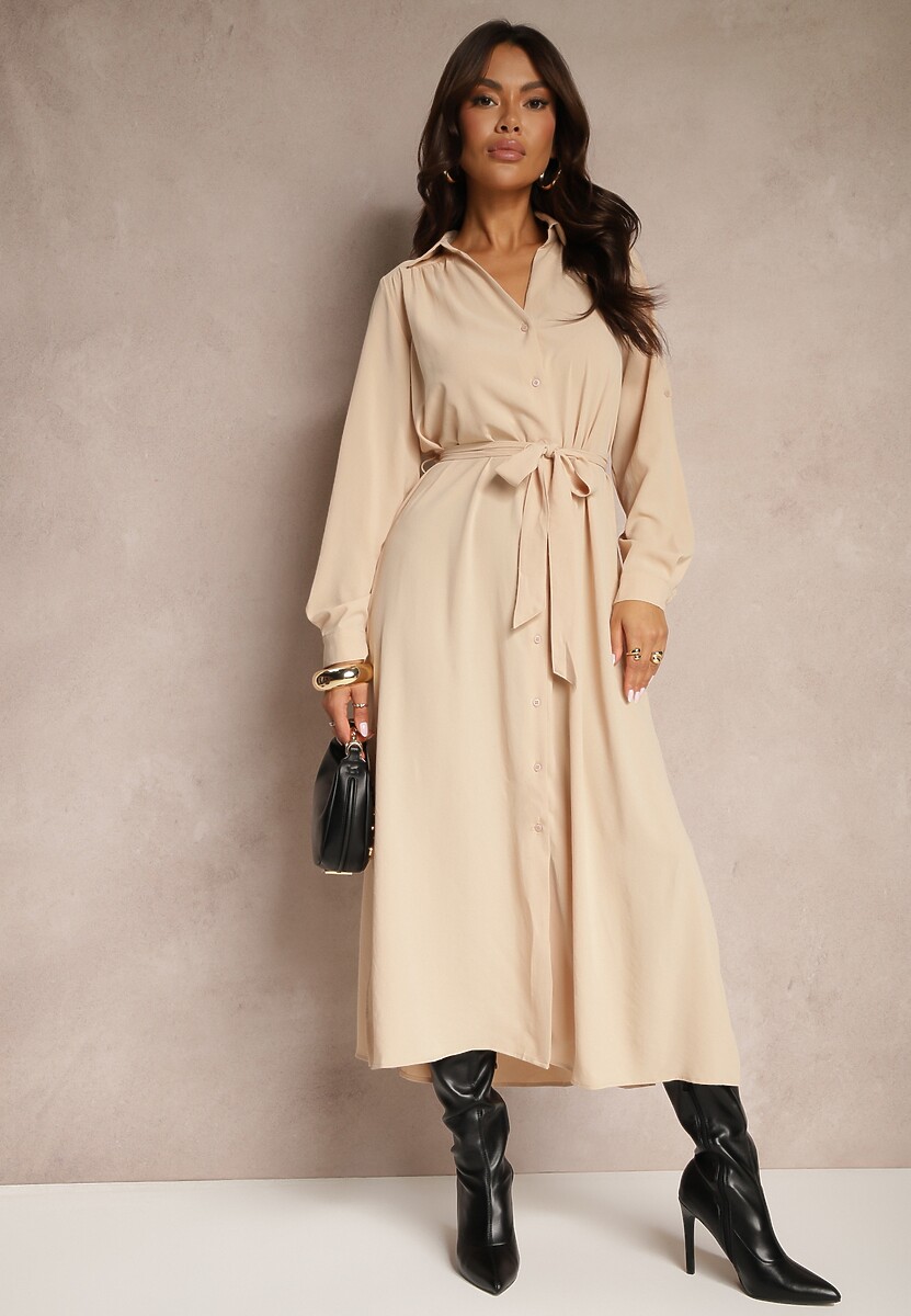 Beżowa Casualowa Sukienka Koszulowa na Guziki z Kieszeniami Jezebel