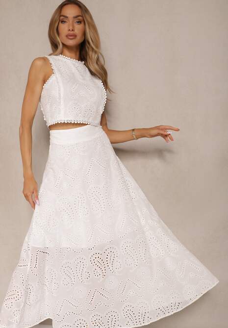 Biały Ażurowy Komplet z Haftowanej Tkaniny Top i Spódnica Salamira