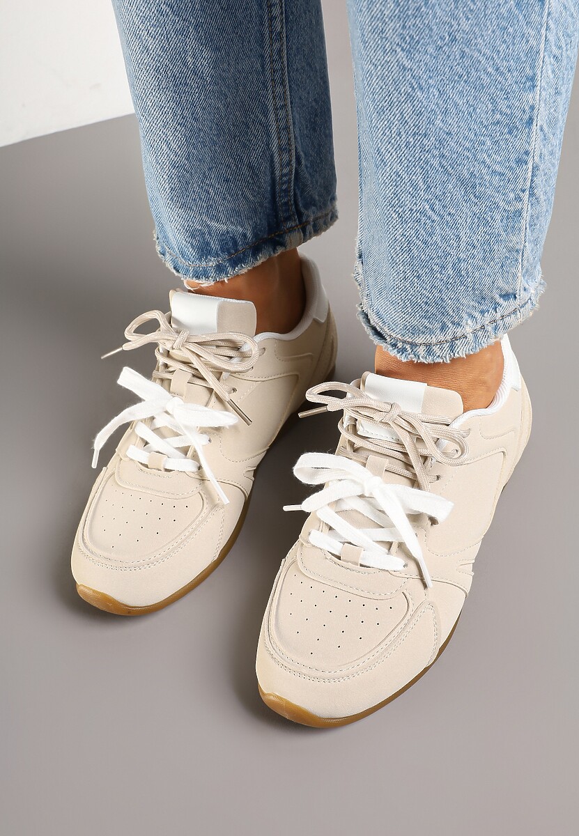 Beżowe Sneakersy Ozdobione Przeszyciami i Podwójnym Sznurowaniem Telisaria