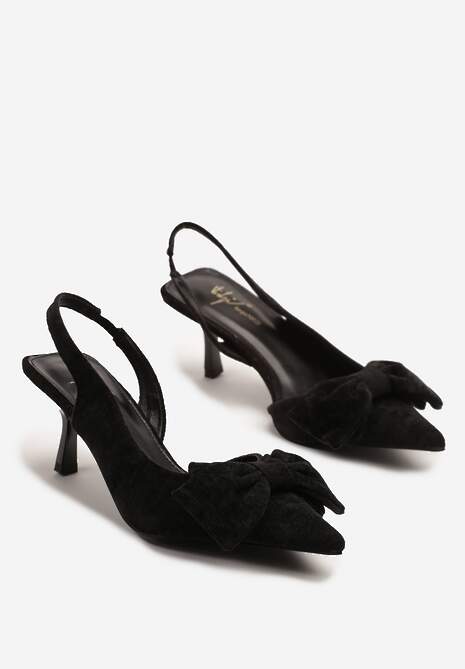 Czarne Sandały na Szpilce Slingback z Kokardą Sunaiel