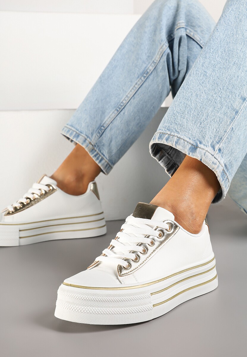 Biało-Złote Trampki na Platformie w Casualowym Stylu Ravilne