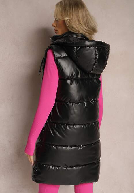 Czarna Długa Kamizelka z Kapturem i Kieszeniami Ozdobiona Pikowaniem Moncja
