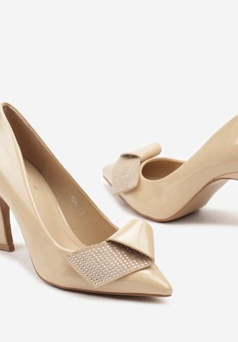 Beżowe Czółenka na Obcasie Typu Klepsydra Zdobione Aplikacją z Cyrkoniami Rialese