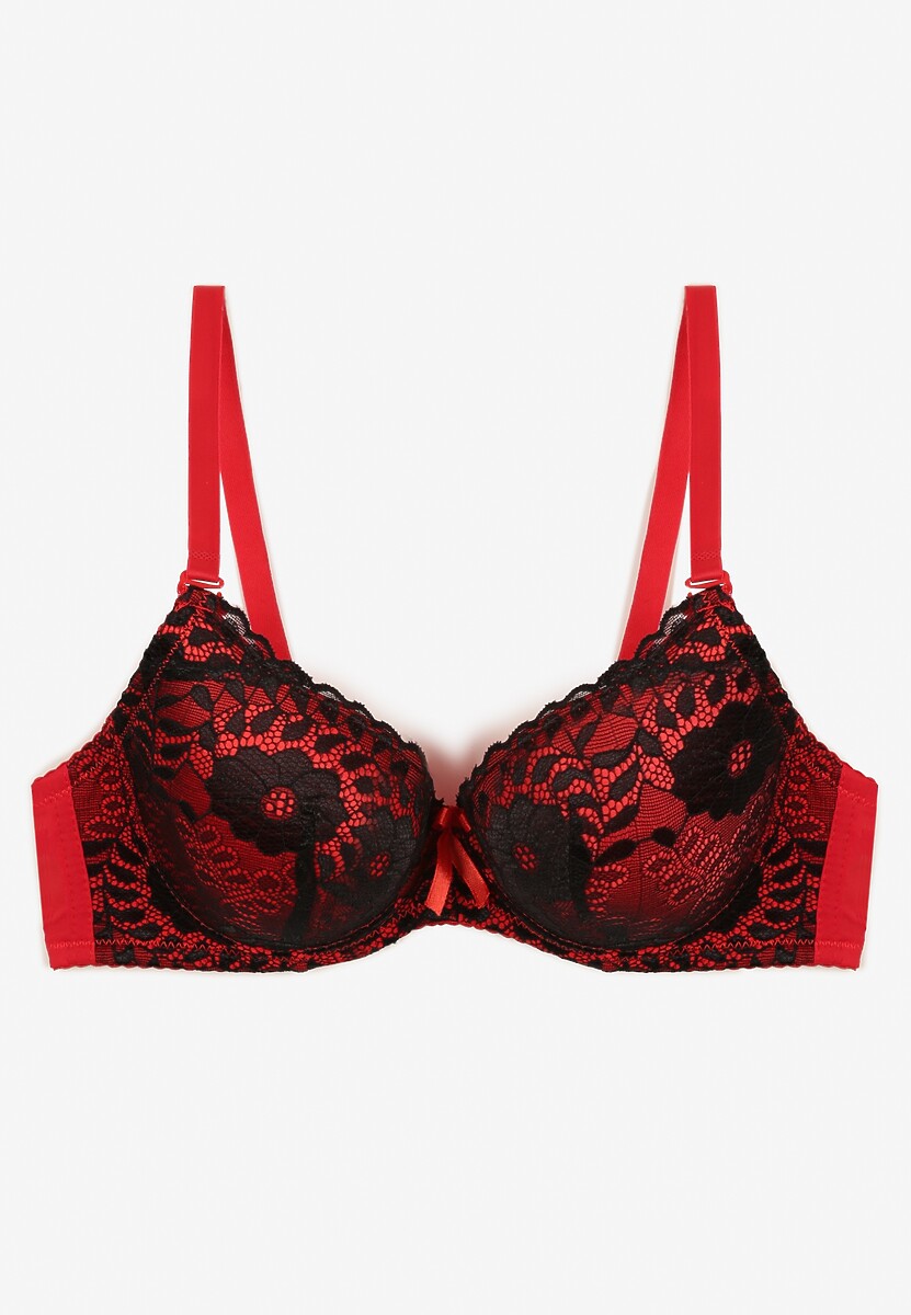 Czarno-Czerwony Koronkowy Biustonosz z Kwiatowym Motywem Nelamis