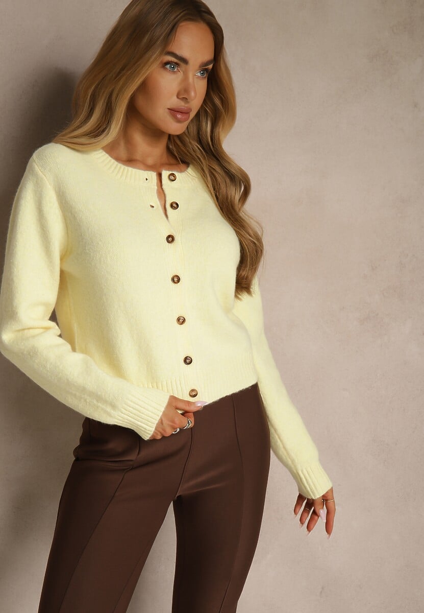 Żółty Prosty Kardigan z Wełną z Okrągłym Dekoltem Reianvela