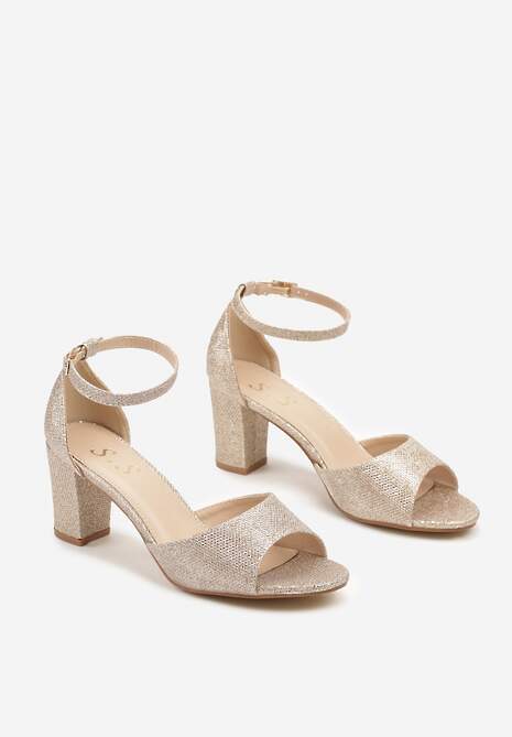 Złote Sandały na Obcasie Ozdobione Brokatem Selindrael