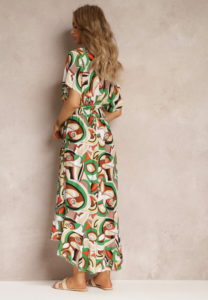 Zielona Wzorzysta Sukienka Midi z Gumką w Talii z Wiskozy Angelett