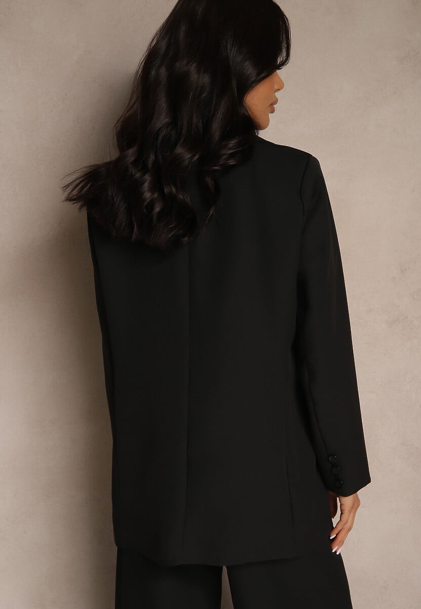 Czarna Jednorzędowa Marynarka o Klasycznym Kroju Zdobiona Imitacją Kieszeni Zenzeri