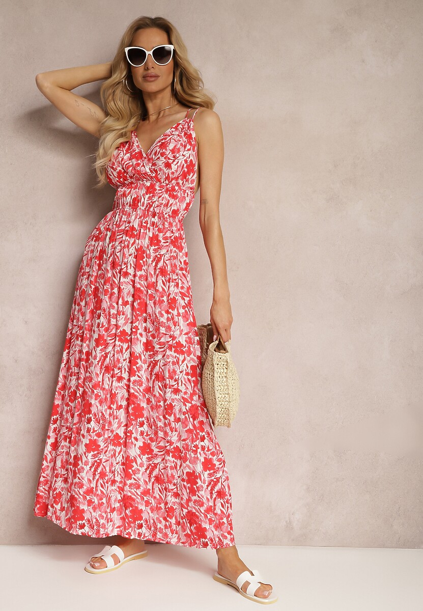 Czerwona Wiskozowa Sukienka na Lato z Podwójnymi Ramiączkami w Kwiatki z Gumką w Talii Triaire