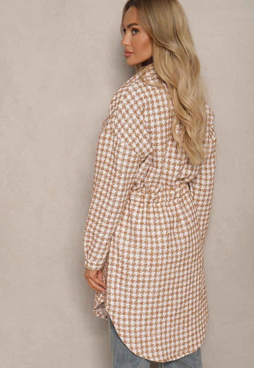 Brązowa Koszulowa Sukienka Szmizjerka w Kratkę Vichy z Kieszeniami i Paskiem Daislen