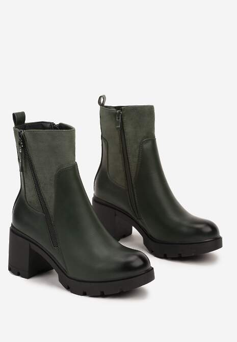 Zielone Botki na Słupku i Platformie z Tłoczeniem Ozdobione Asymetrycznym Suwakiem Vivizia
