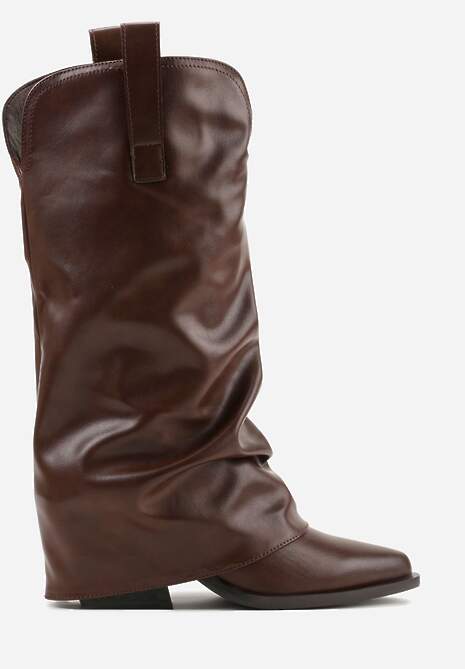 Ciemnobrązowe Kozaki Kowbojki na Stożku z Wywiniętą Marszczoną Cholewką Escana
