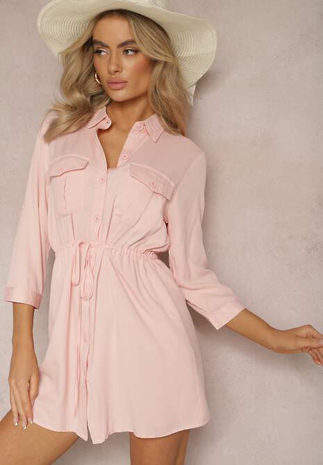 Różowa Dłuższa Koszula Ściągana w Pasie z Wiskozy i Kieszeniami Genessa