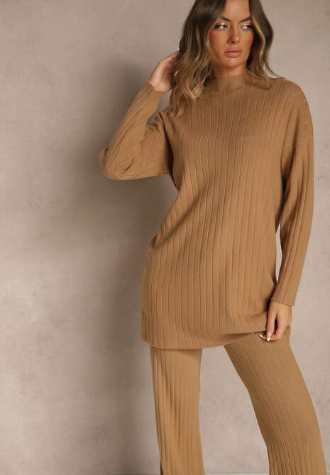 Brązowy Komplet z Dzianiny z Bawełną Spodnie Wide Leg i Sweter Lanneia