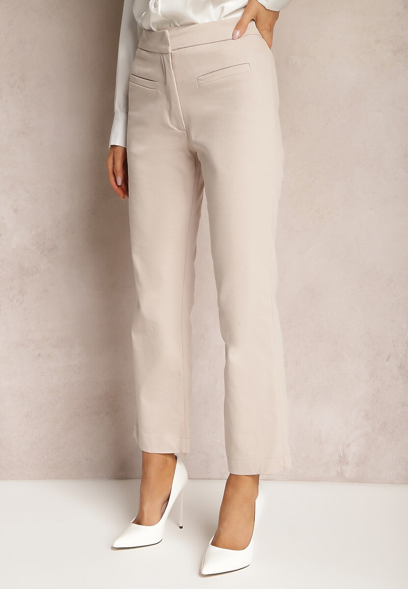 Jasnobeżowe Spodnie High Waist w Garniturowym Stylu z Prostymi Nogawkami Nieana