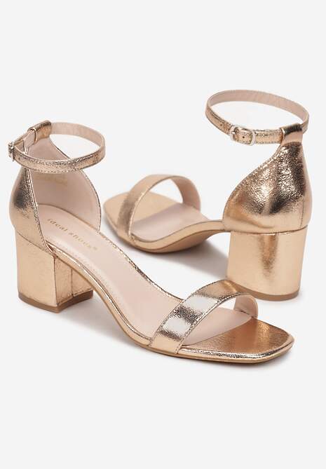 Szampańskie Gładkie Sandały na Słupkowym Obcasie Saia
