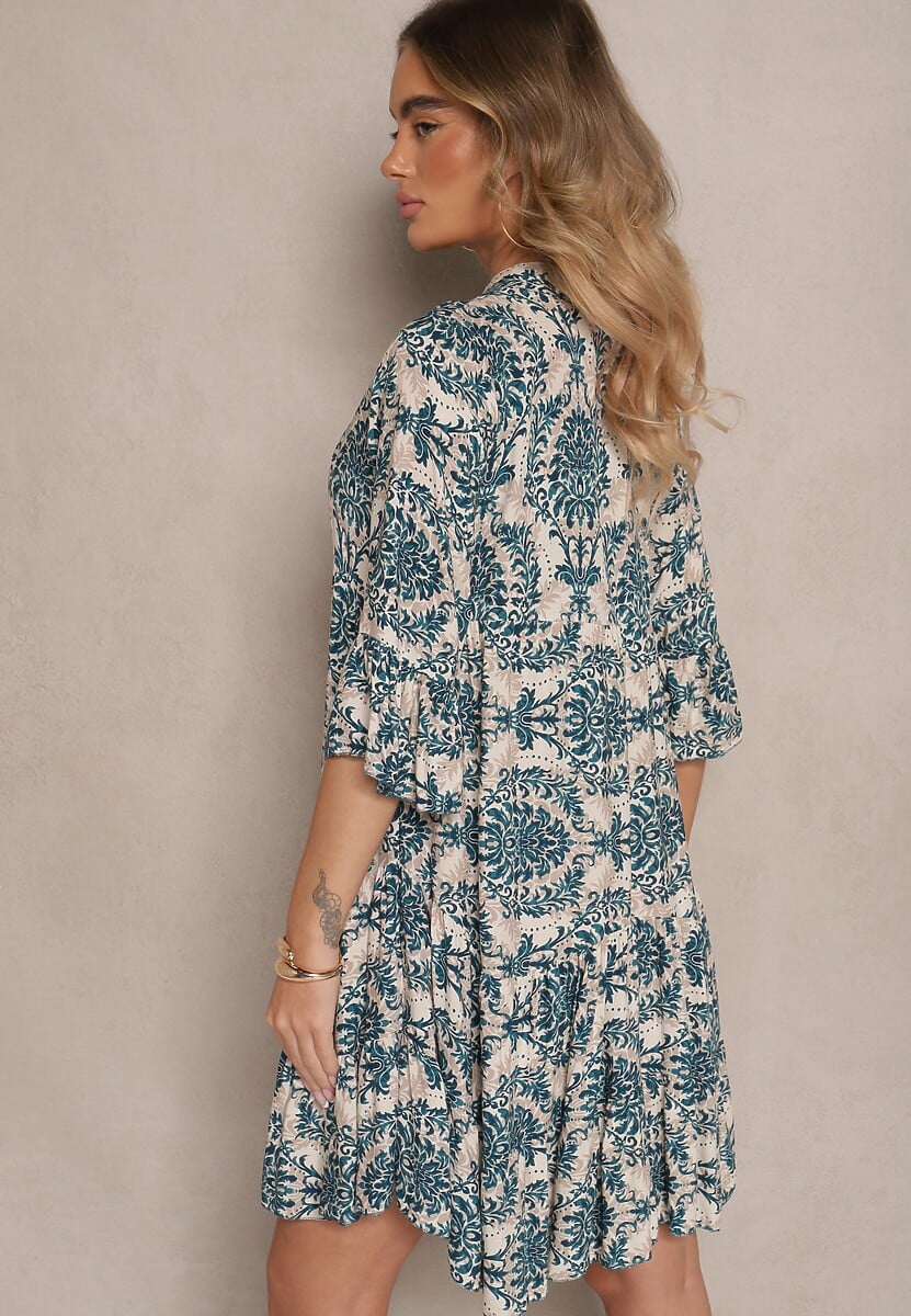 Granatowo-Beżowa Bawełniana Sukienka o Rozkloszowanym Kroju w Ornamentalny Print Laniwea