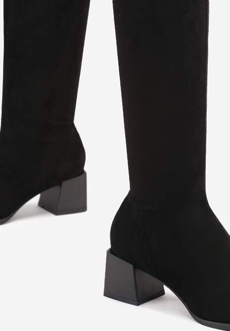 Czarne Kozaki na Słupku z Imitacji Zamszu Haziela