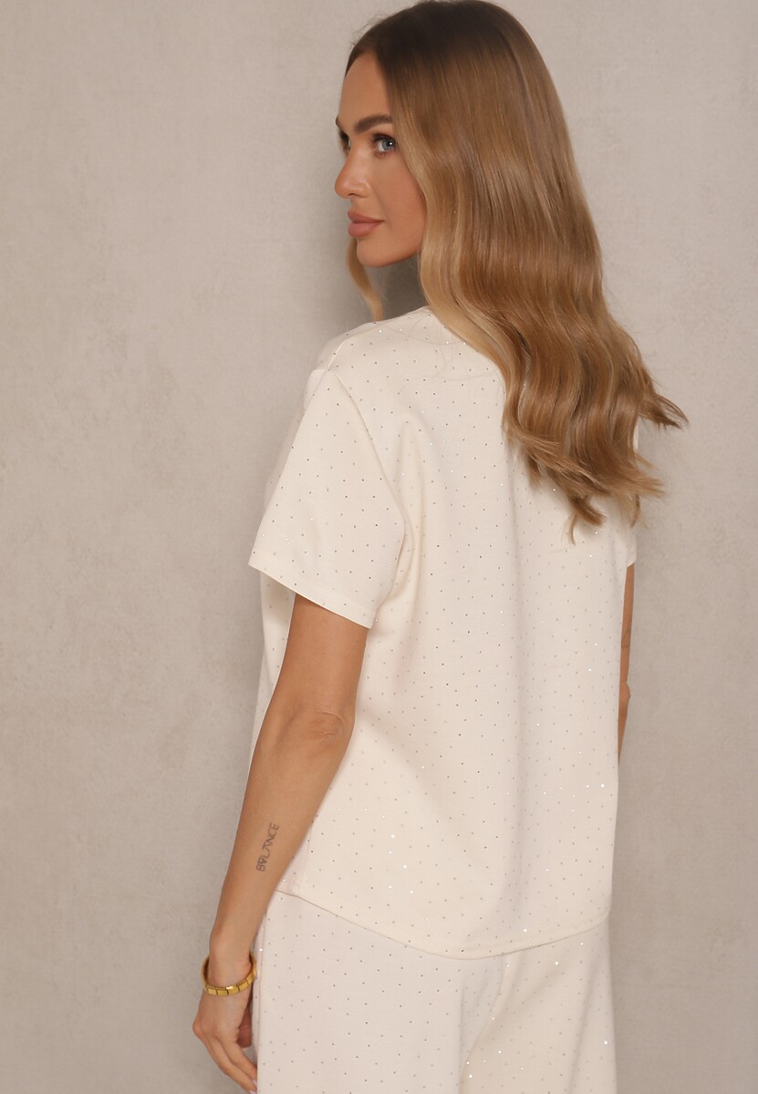 Beżowy T-shirt z Wiskozą i Cyrkoniami Erritia