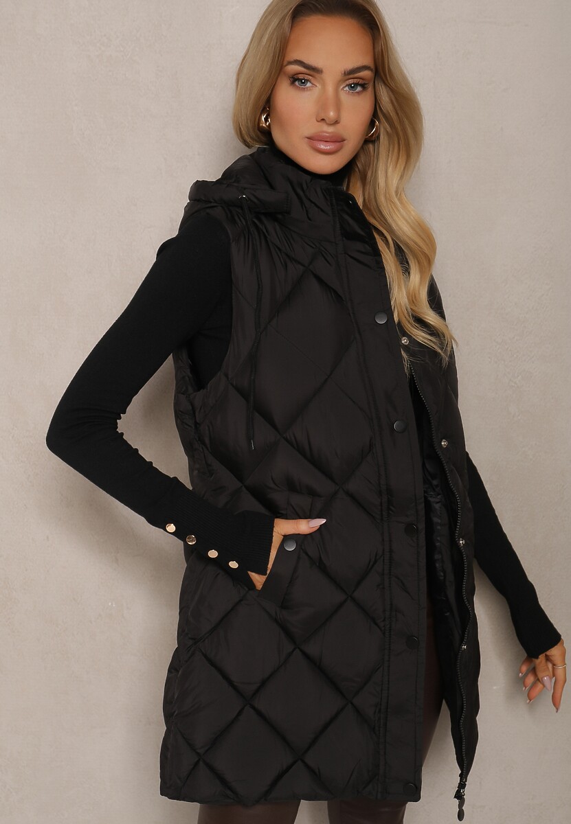 Czarna Kamizelka z Pikowanymi Przeszyciami Kieszeniami i Kapturem z Możliwością Odpięcia Seavriel