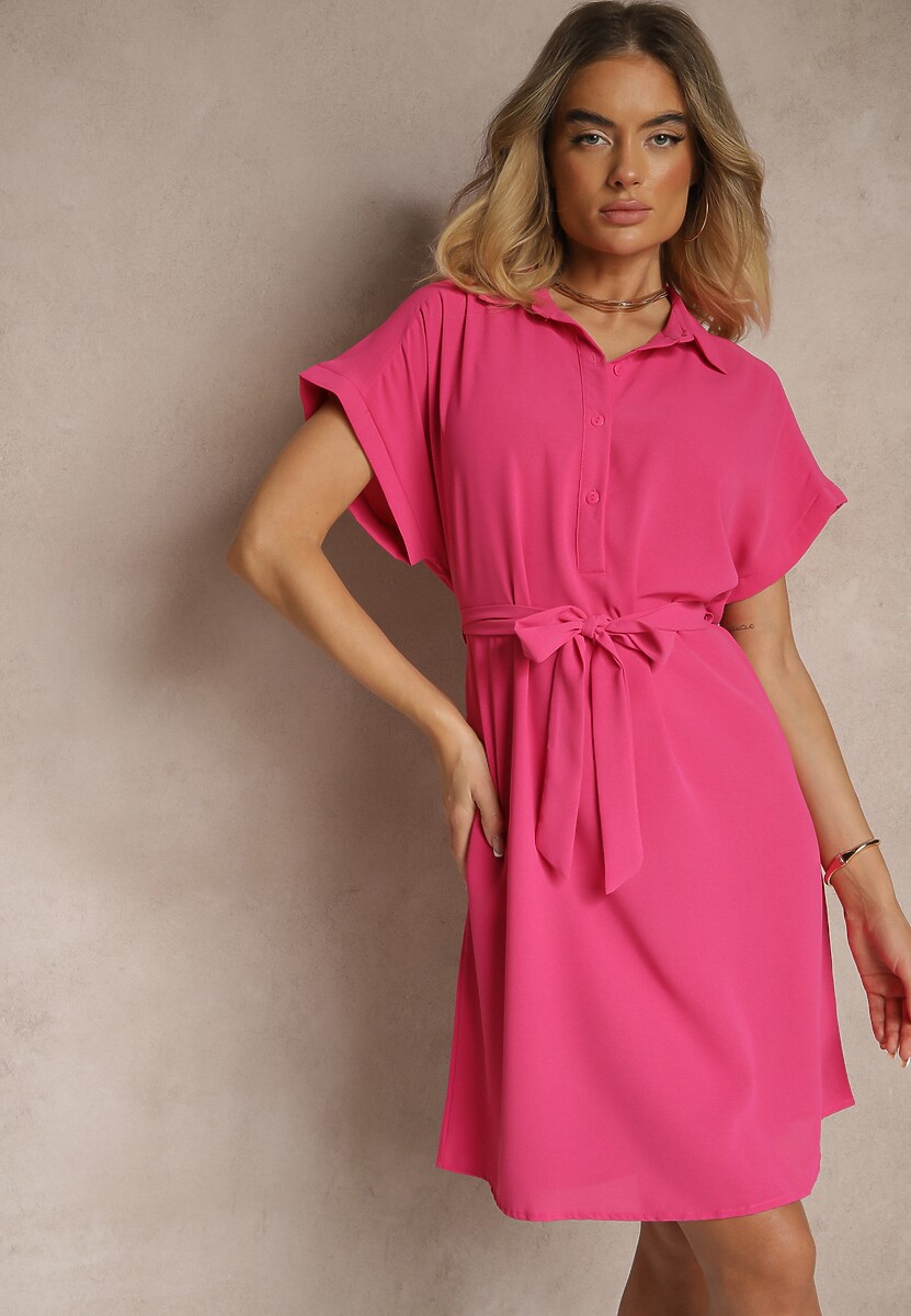 Fuksjowa Sukienka Koszulowa Wiązana w Pasie z Krótkimi Rękawami Wellwood