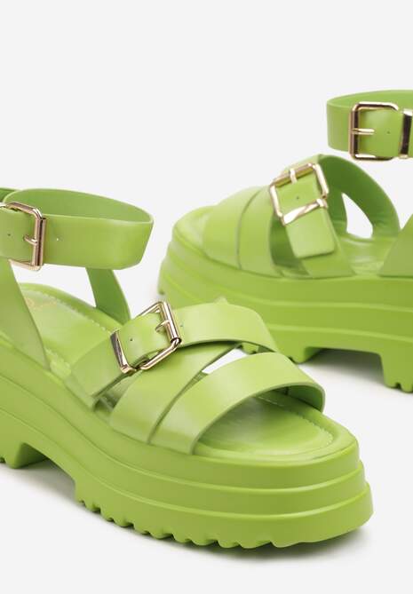 Zielone Sandały na Platformie z Ozdobnymi Klamrami Galfia