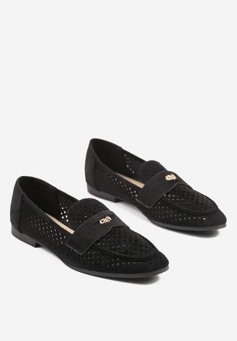 Czarne Klasyczne Mokasyny z Ażurową Cholewką Neovellea