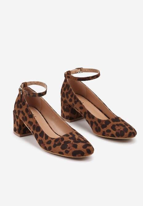 Brązowe Czółenka na Słupkowym Obcasie Zapinane Przy Kostce Argenilia