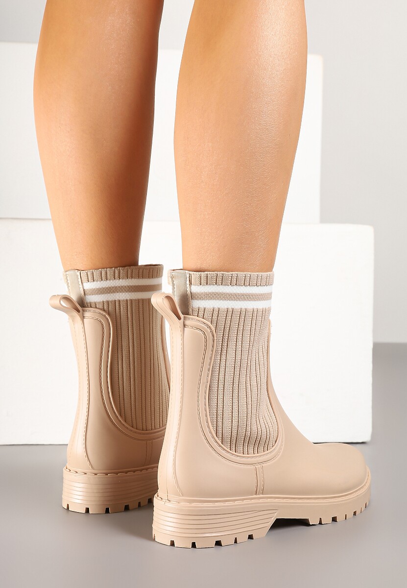 Beżowe Kalosze z Prążkowaną Skarpetkową Cholewką Lanavessa