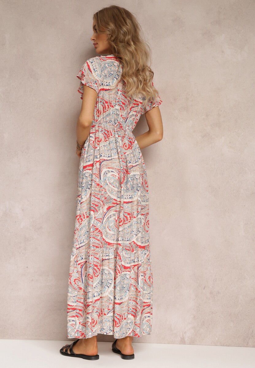 Czerwona Wiskozowa Sukienka z Gumką w Pasie i Kopertowym Dekoltem  Asima