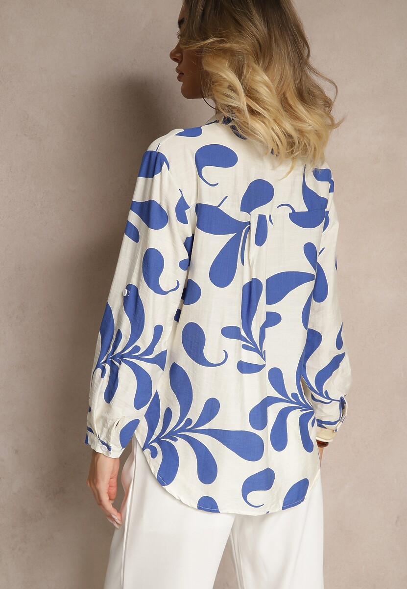 Niebieska Wiskozowa Bluzka o Koszulowym Kroju z Dekoltem w Serek w Roślinny Print Kolaniria