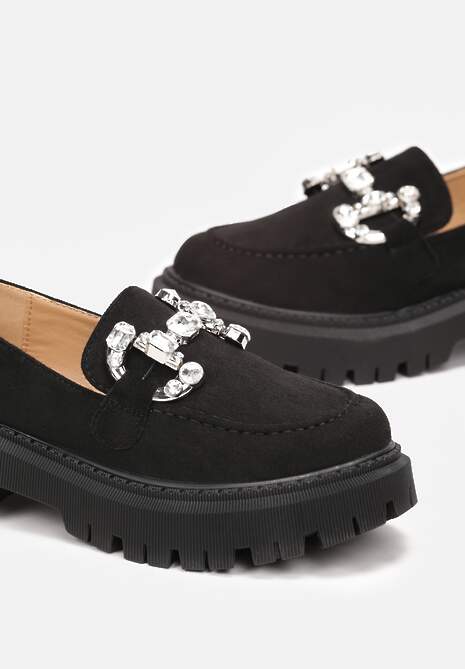 Czarne Mokasyny z Klamerką na Grubej Podeszwie Nohu