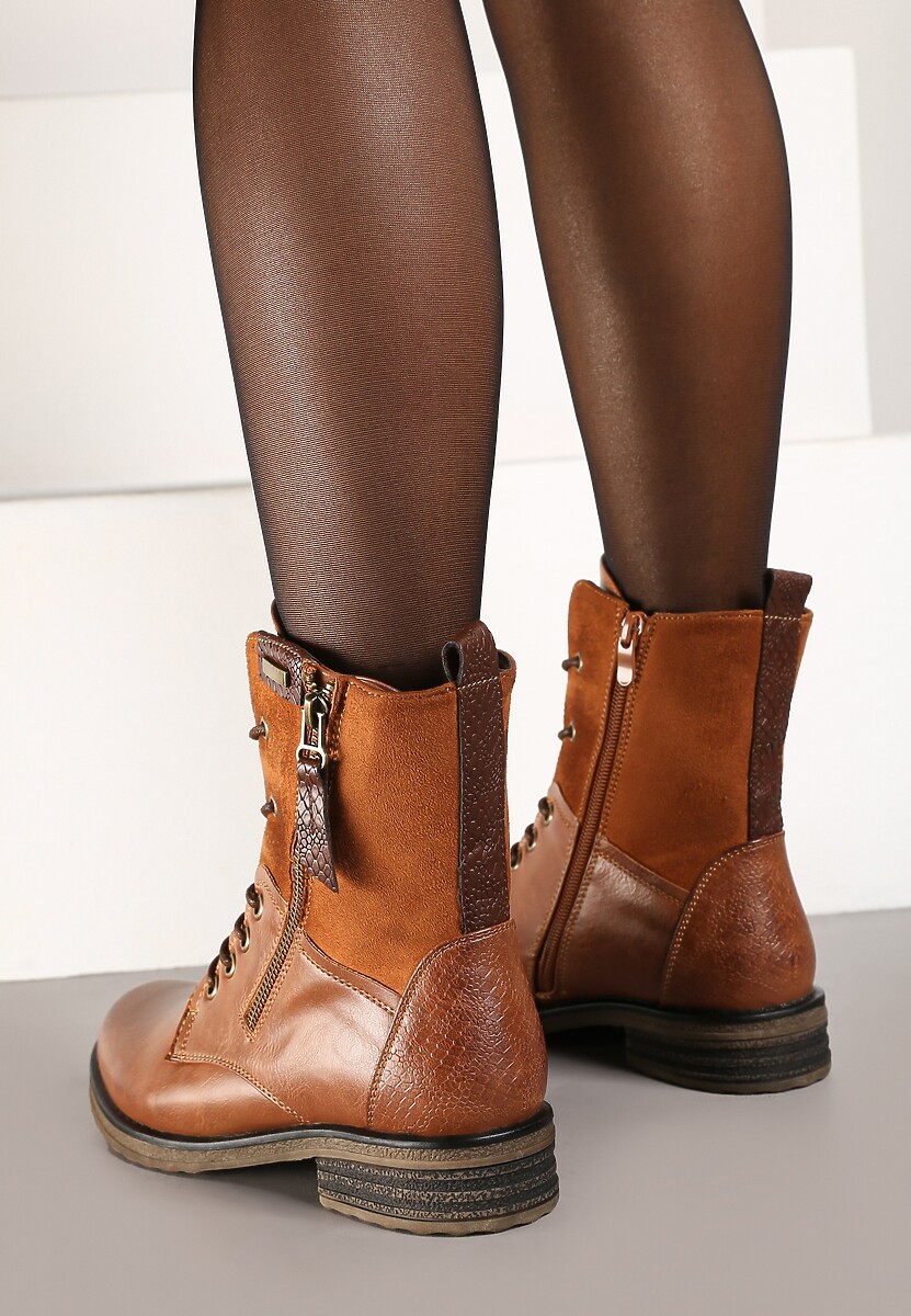 Brązowe Botki Sznurowane z Zamkiem Hiyab