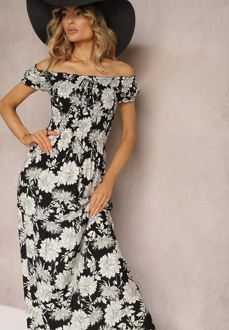 Czarno-Biała Wiskozowa Sukienka Hiszpanka z Marszczoną Górą Zimbia