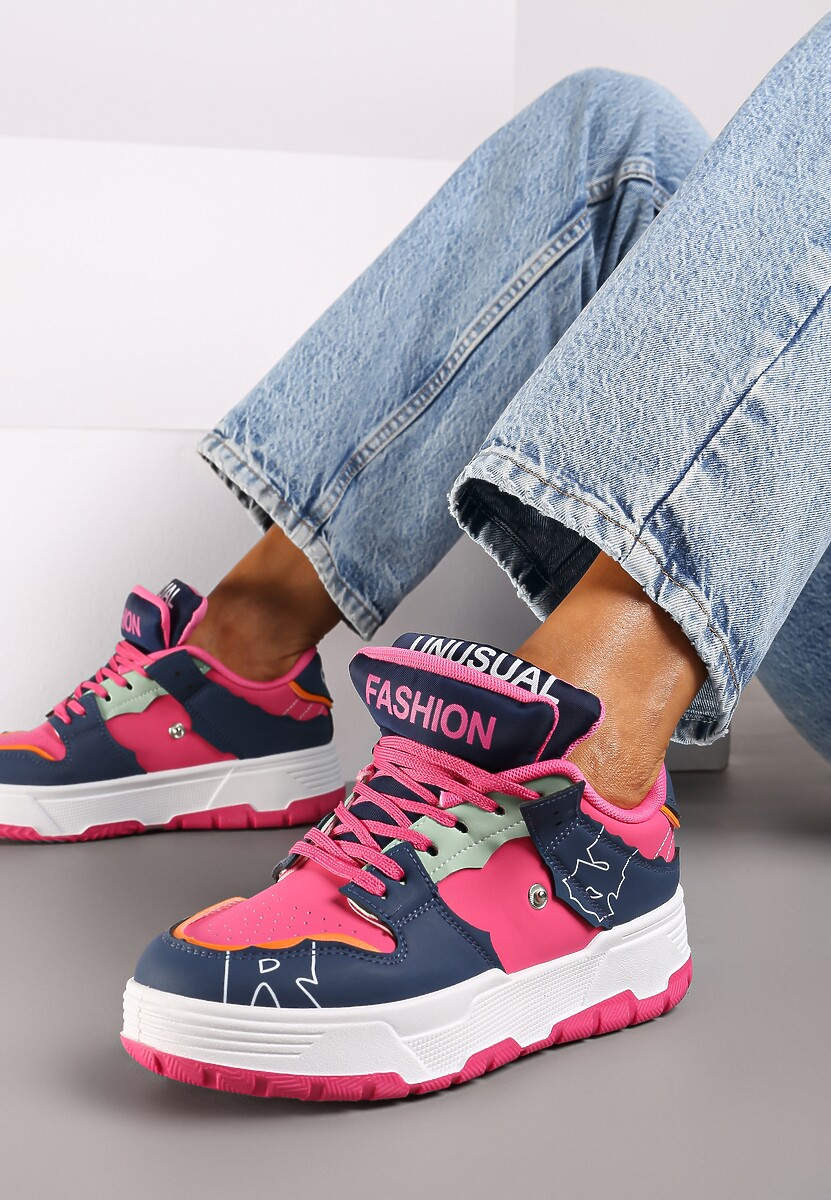 Granatowo-Różowe Sneakersy na Płaskiej Podeszwie Ozdobione Napisami Griefra