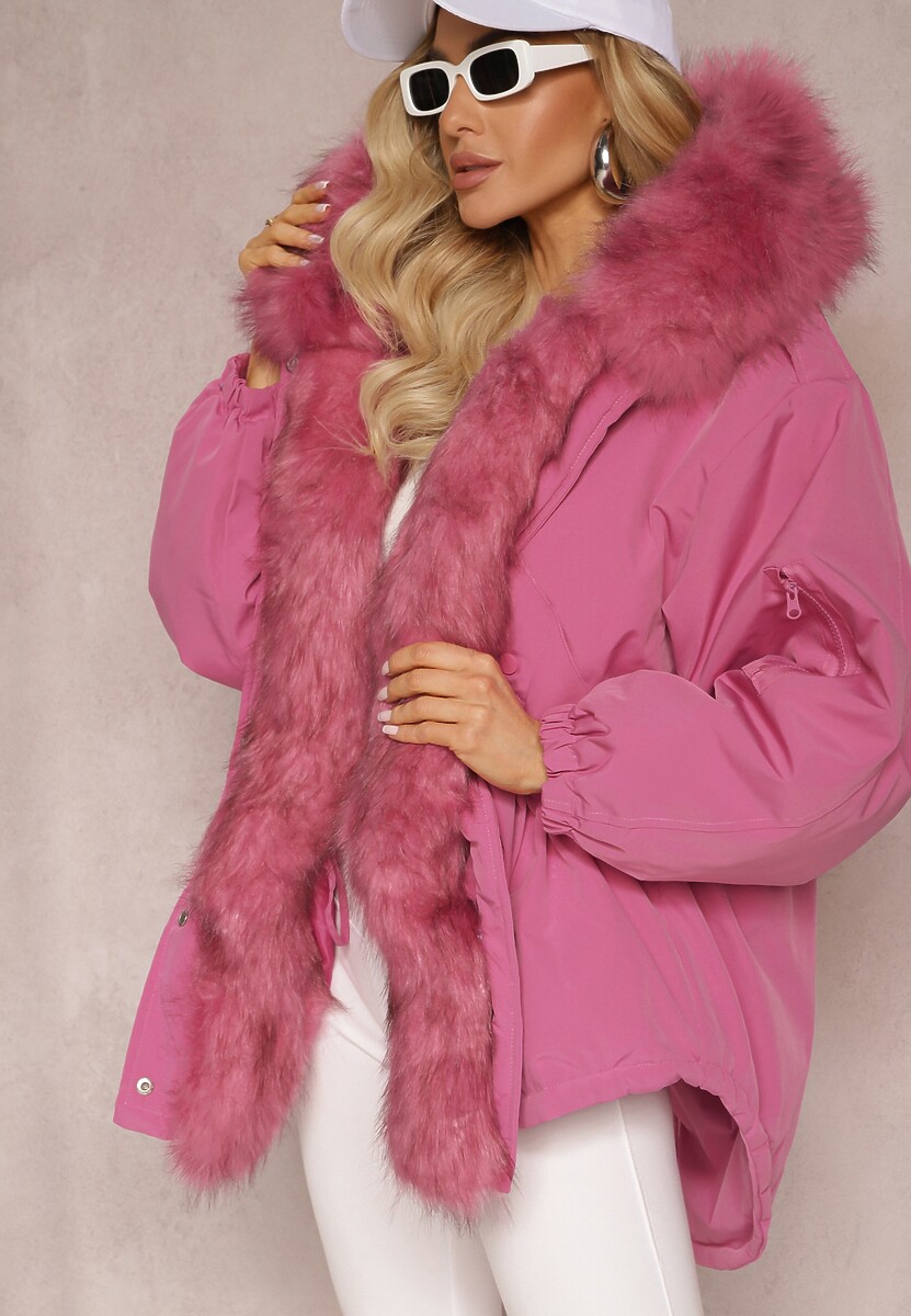 Różowa Kurtka Parka Oversize z Futerkiem Horelle
