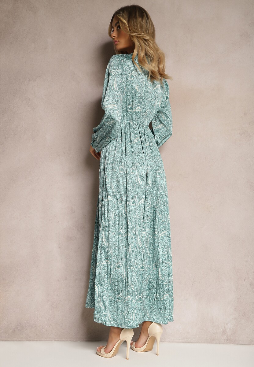 Zielona Rozkloszowana Sukienka z Plisowanym Dołem Wykończona Guzikami Xilalara