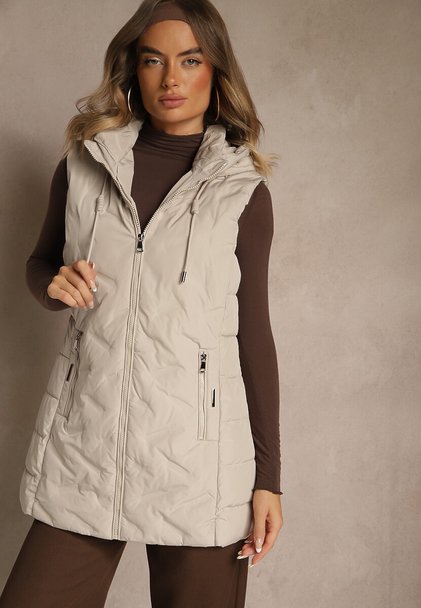 Ciemnobeżowa Taliowana Kamizelka Przejściowa z Kapturem Olepia