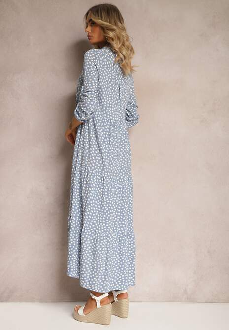 Jasnoniebieska Maxi Sukienka z Bawełny w Kropki o Koszulowym Kroju z Rozkloszowanym Dołem Feriti