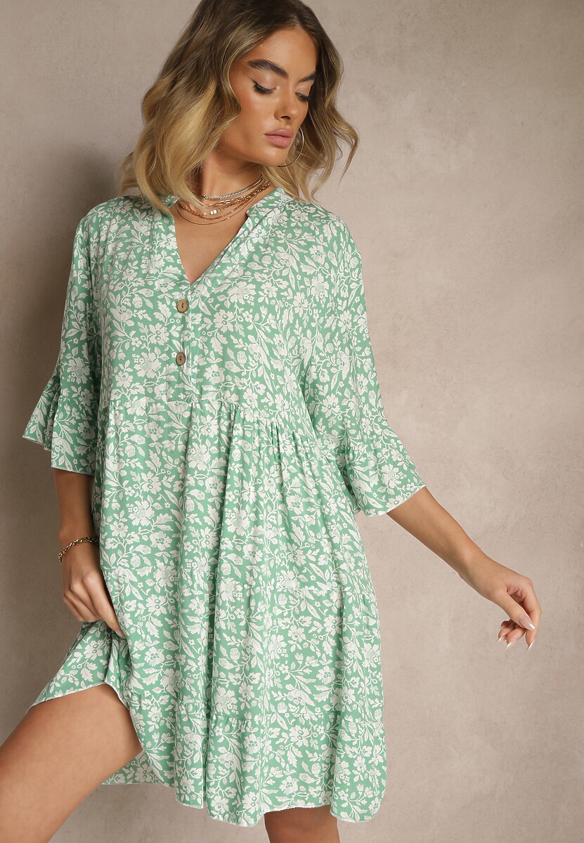 Biało-Niebieska Rozkloszowana Sukienka z Bawełny Zdobiona Kwiatowym Wzorem Jenelitia