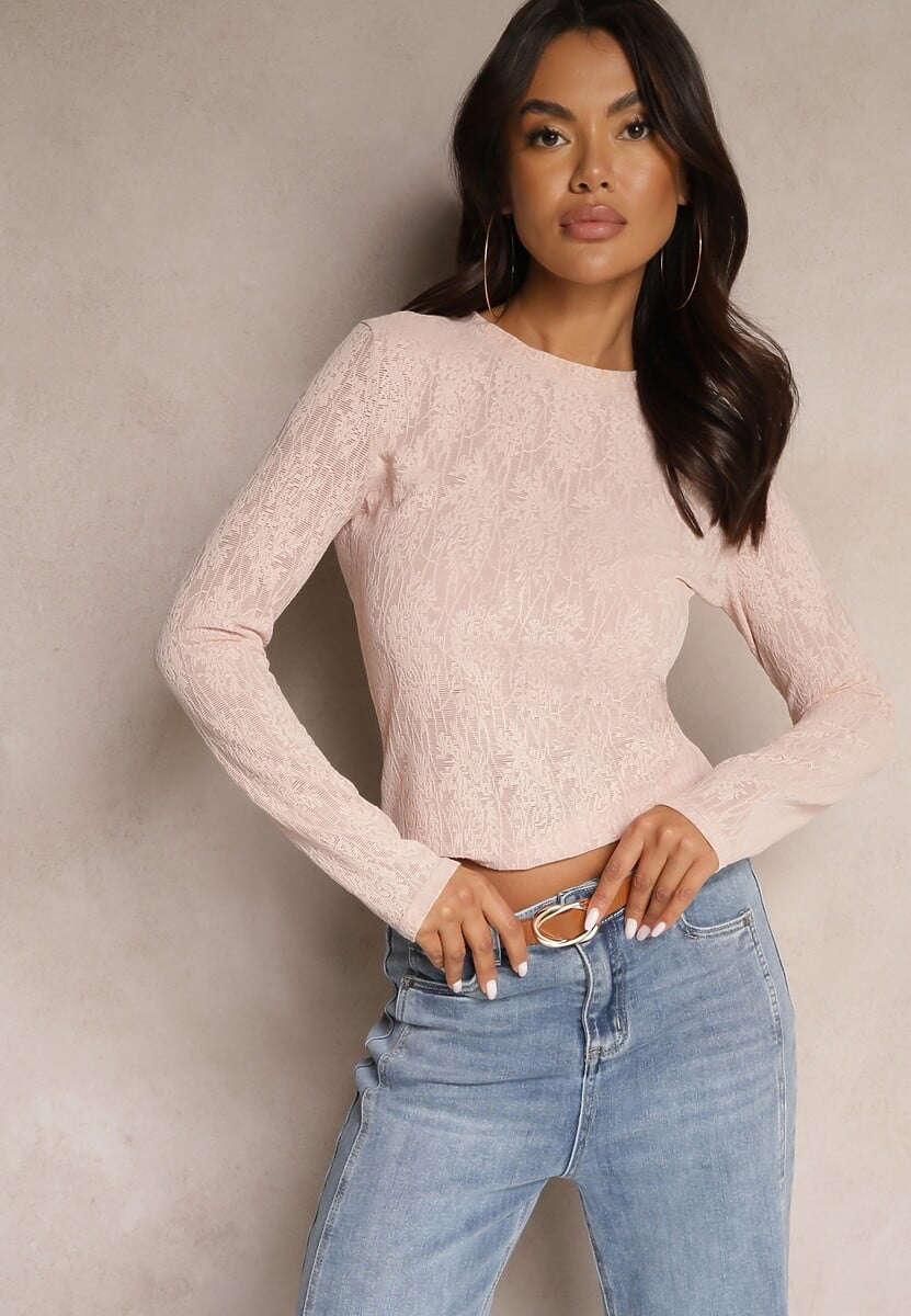 Różowa Bluzka z Wiskozą Ozdobiona Koronkowym Motywem Ridanis
