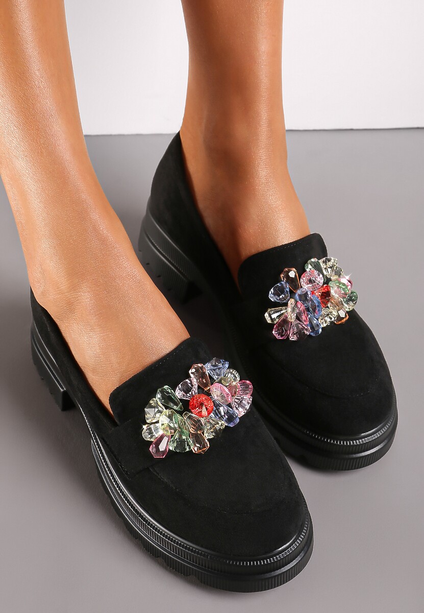 Czarne Mokasyny z Imitacji Zamszu z Kryształkami Aelara