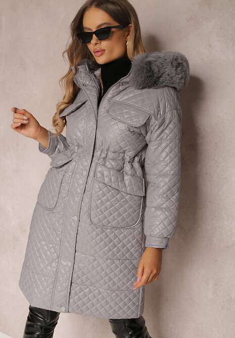 Szara Kurtka Pikowana z Kapturem z Futerkiem Vilei