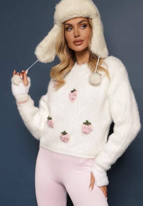 Biały Sweter Puchaty z Dodatkiem Wełny Ozdobiony Truskawkami 3D Leriah