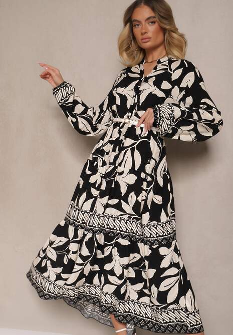 Czarna Wiskozowa Sukienka Koszulowa w Liście Lioelene